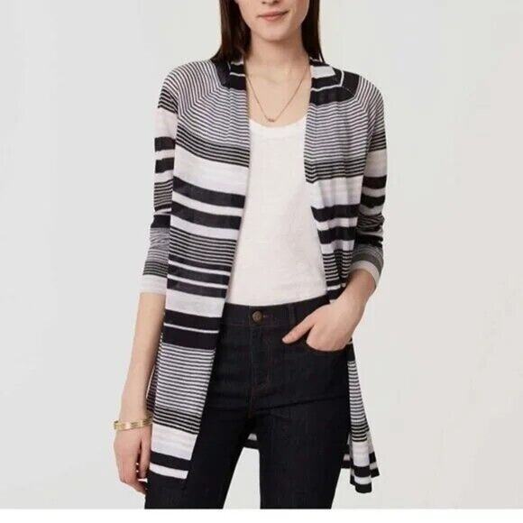 Loft Stripe Open Long Cardigan Lightweight Blue and White Large - Picture 1 of 6